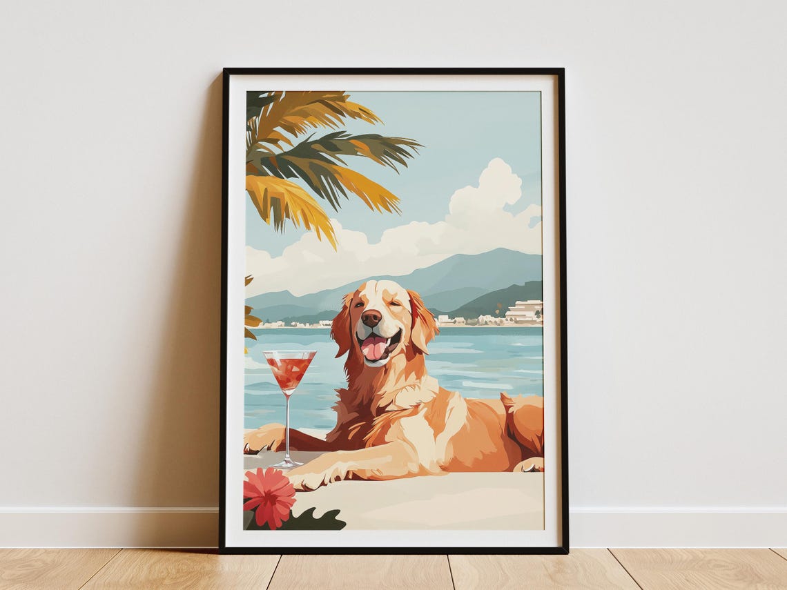 Golden Retriever Beach Poster Dog Art Print Coastal Dog Print Summer Dog Poster Cute Dog Pet Lover Gift Canine Art Dog Lover Gift Golden