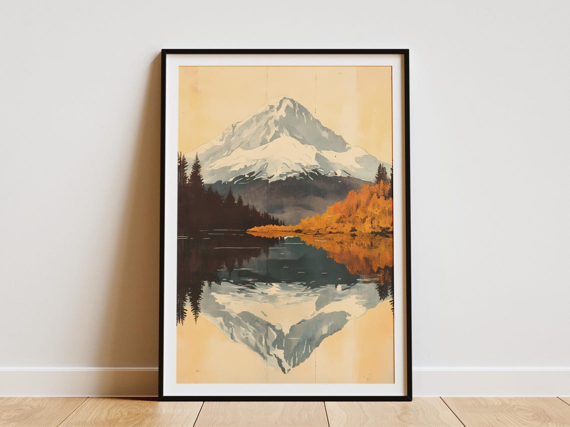 Snowcapped Mountain Lake Reflection Vintage Autumn Landscape Poster
