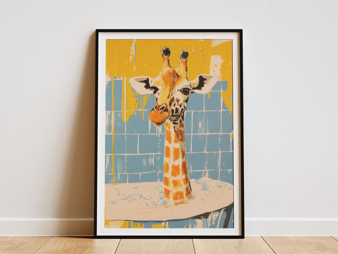 Whimsical Giraffe In Bathtub Yellow Blue Graphic Bathroom Poster