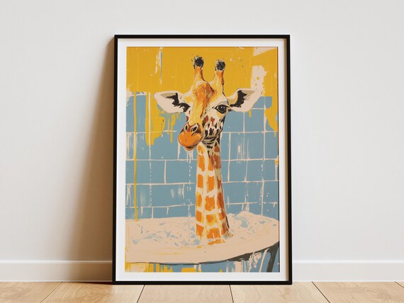 Whimsical Giraffe In Bathtub Yellow Blue Graphic Bathroom Poster
