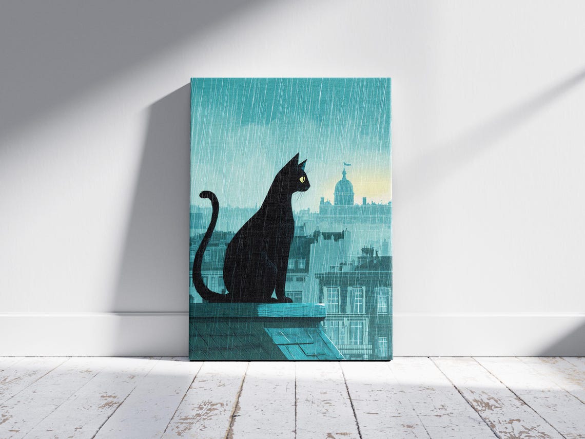Black Cat Silhouette On Rainy Rooftop Overlooking City At Dusk Poster - Image 2