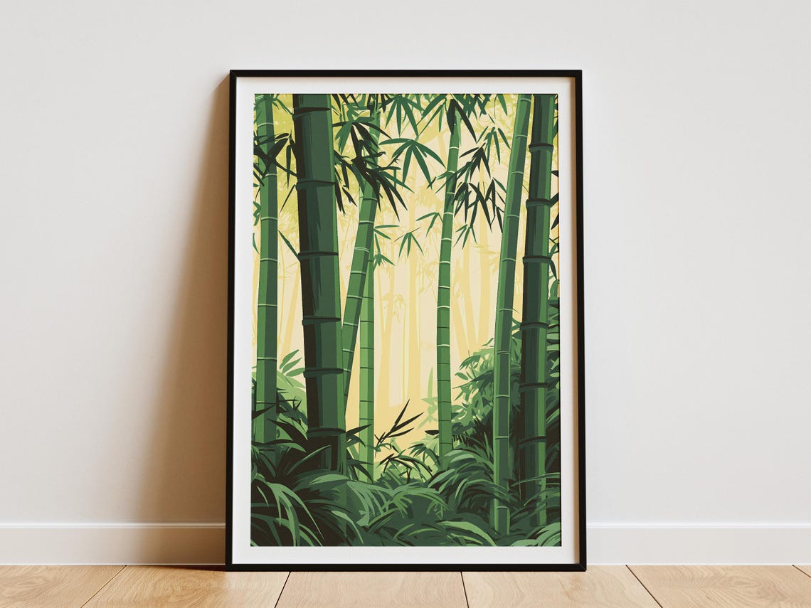 Sunlit Bamboo Forest with Tall Green Stalks Illustration Poster