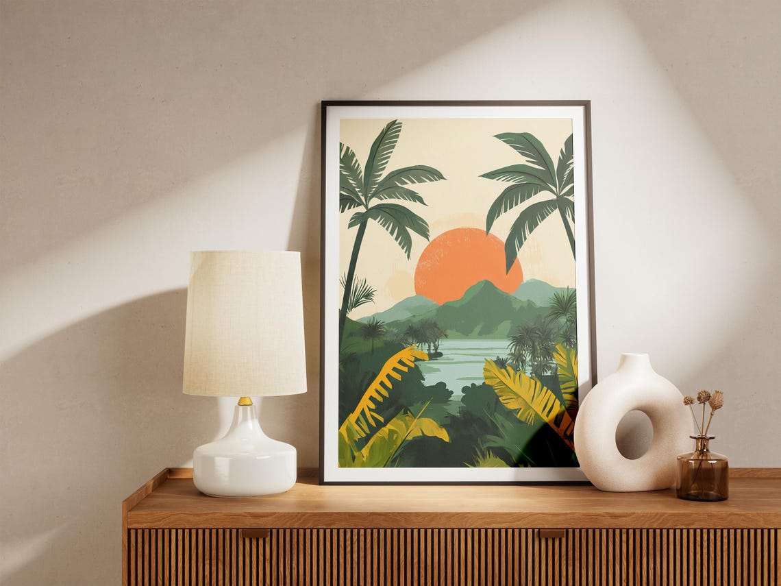 Guanacaste Costa Rica Sunset Palm Trees Mountain Lake Poster - Image 5