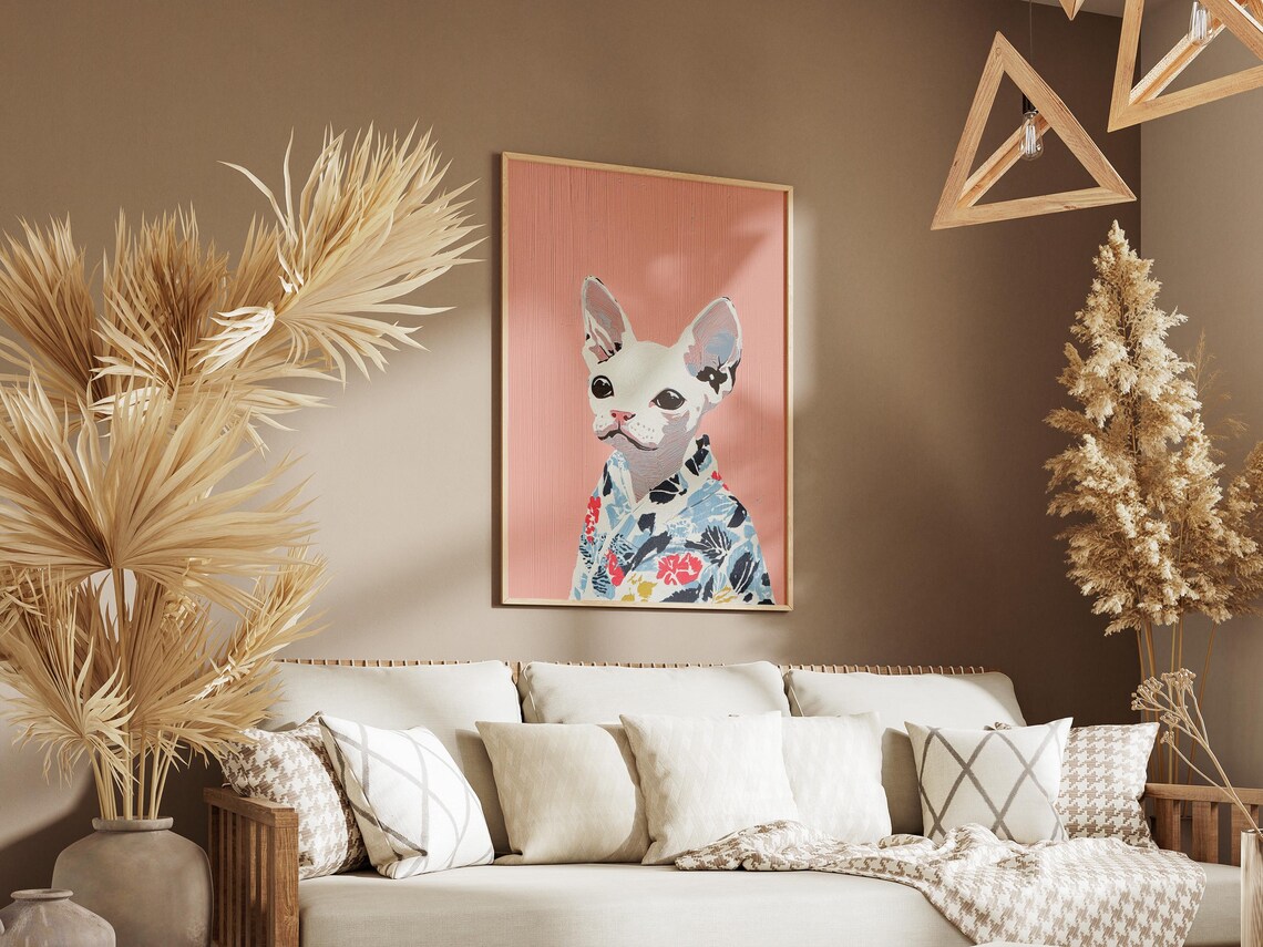 Hairless Sphynx Cat Floral Kimono Minimal Portrait Art Poster - Image 3
