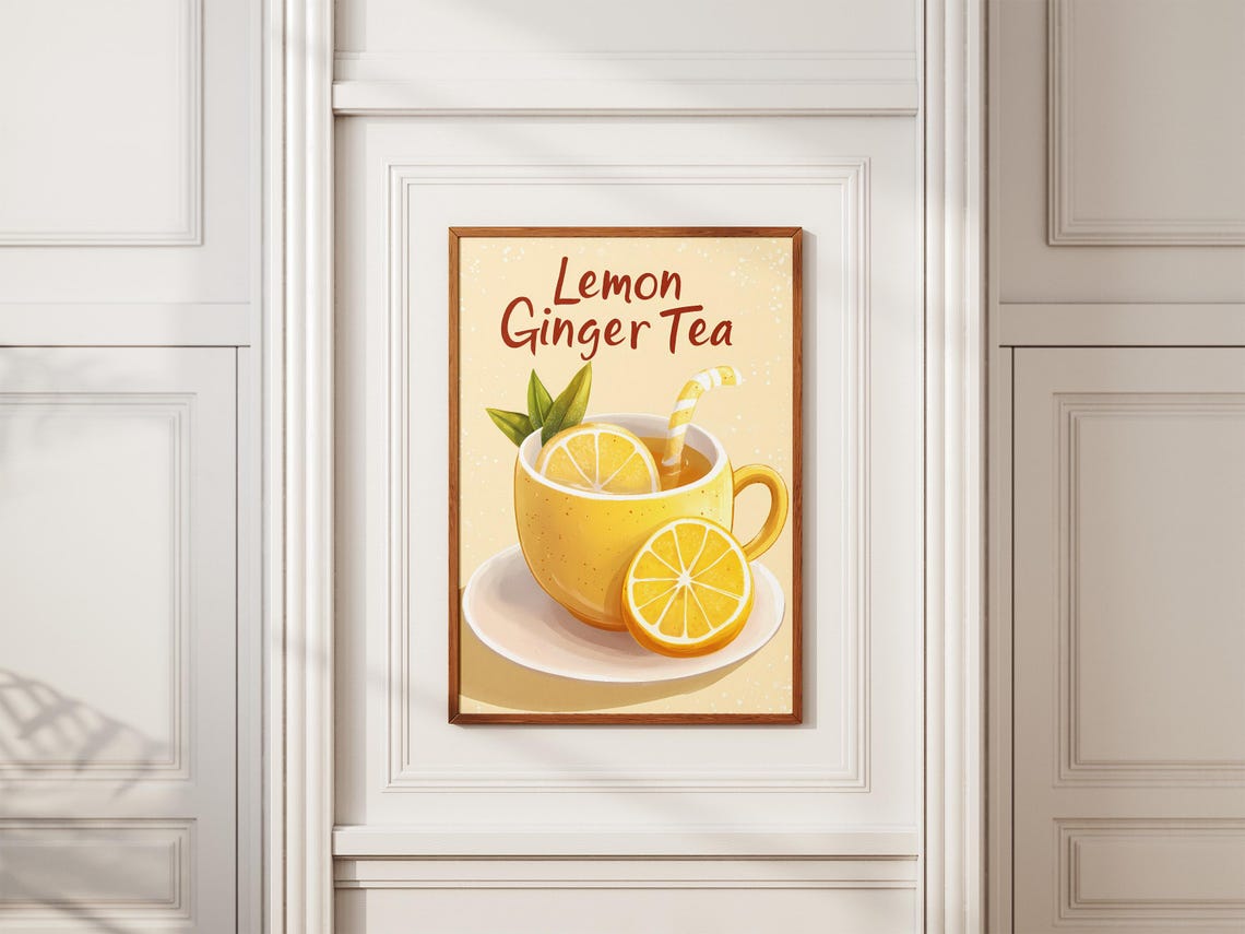Lemon Ginger Tea Yellow Cup Retro Cafe Typography Drink Poster - Image 2