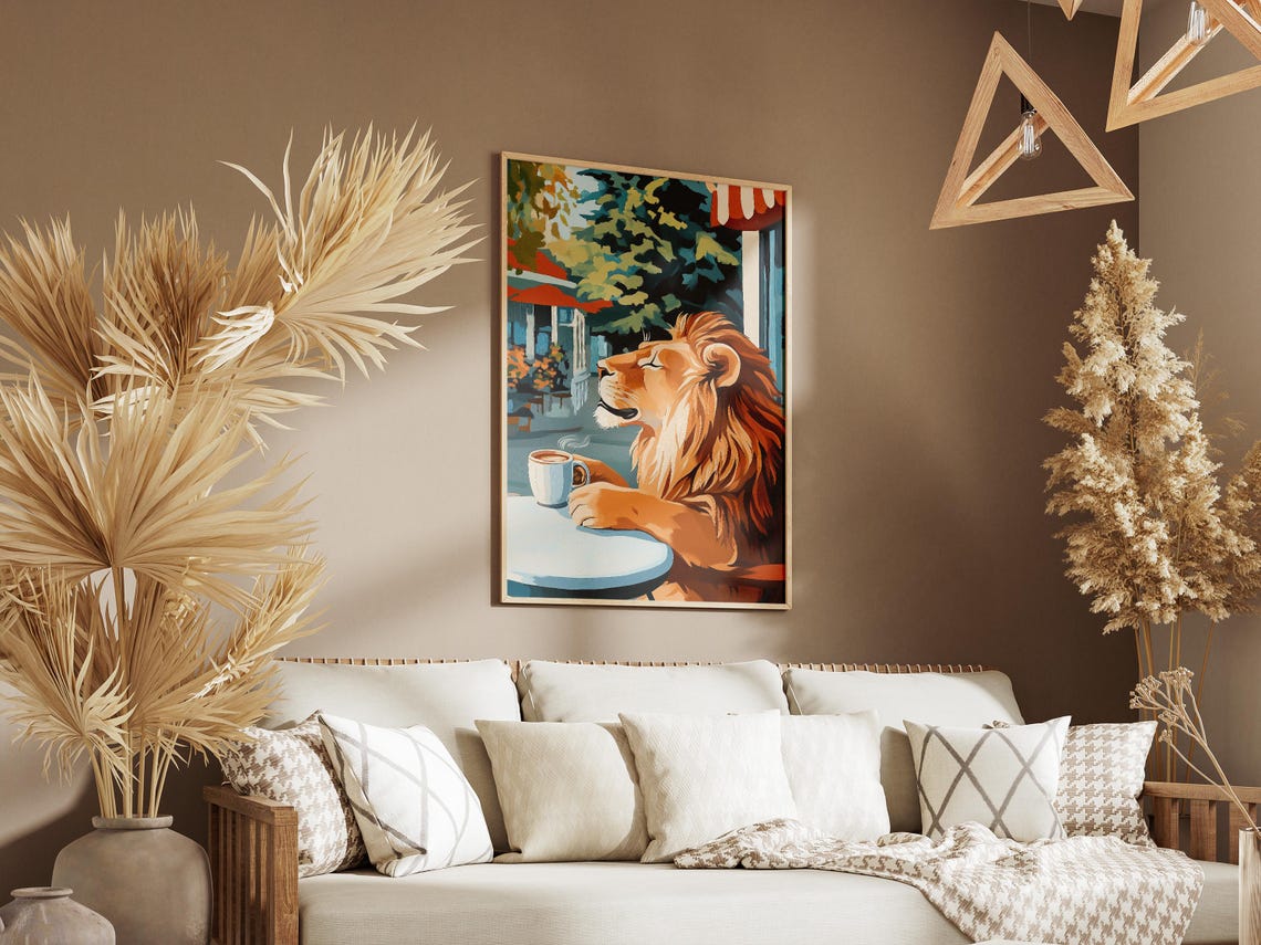 Majestic Lion Savoring Coffee Under Striped Cafe Awnings Poster - Image 3