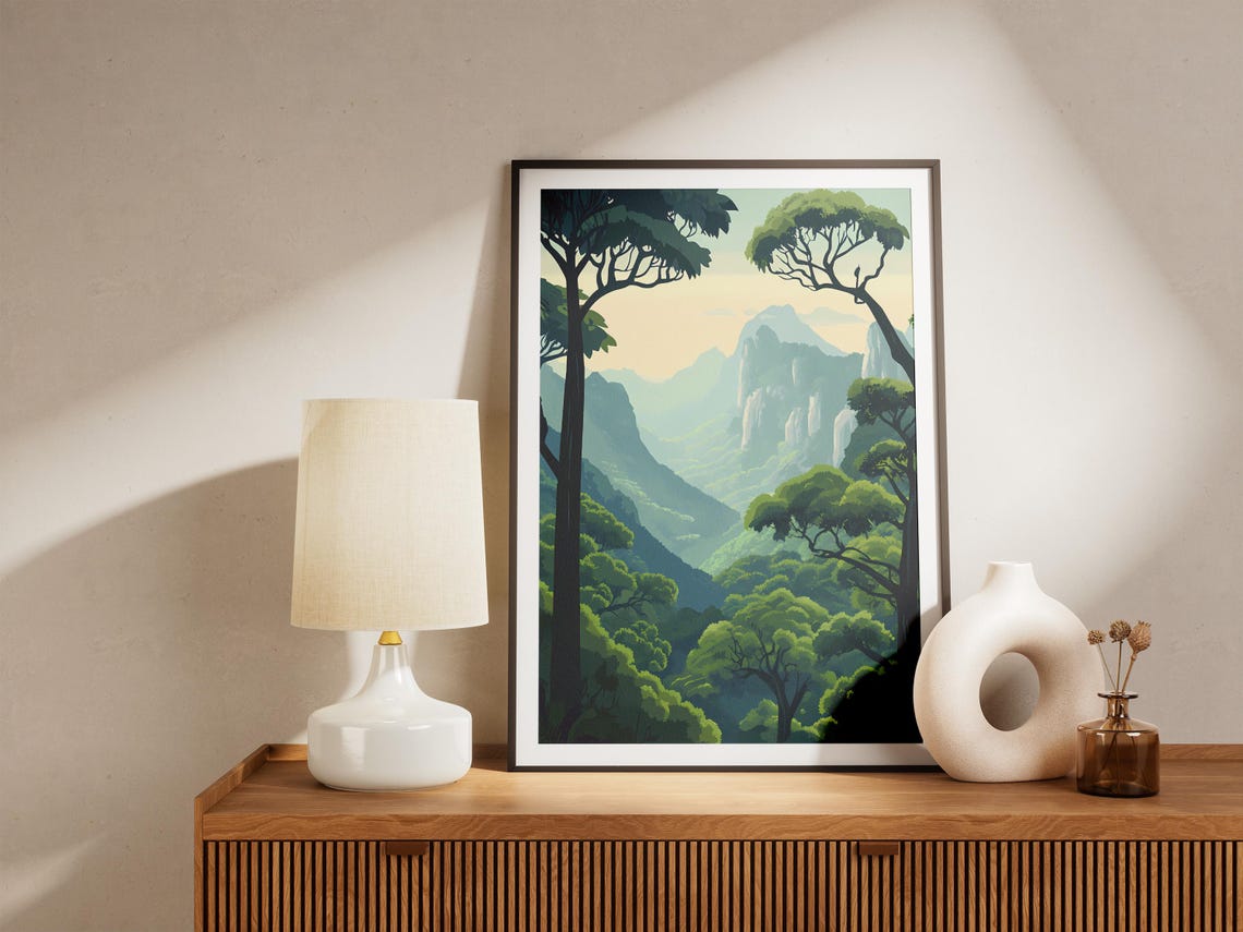 Misty Green Forest Mountains With Tall Trees Minimalist Poster - Image 5