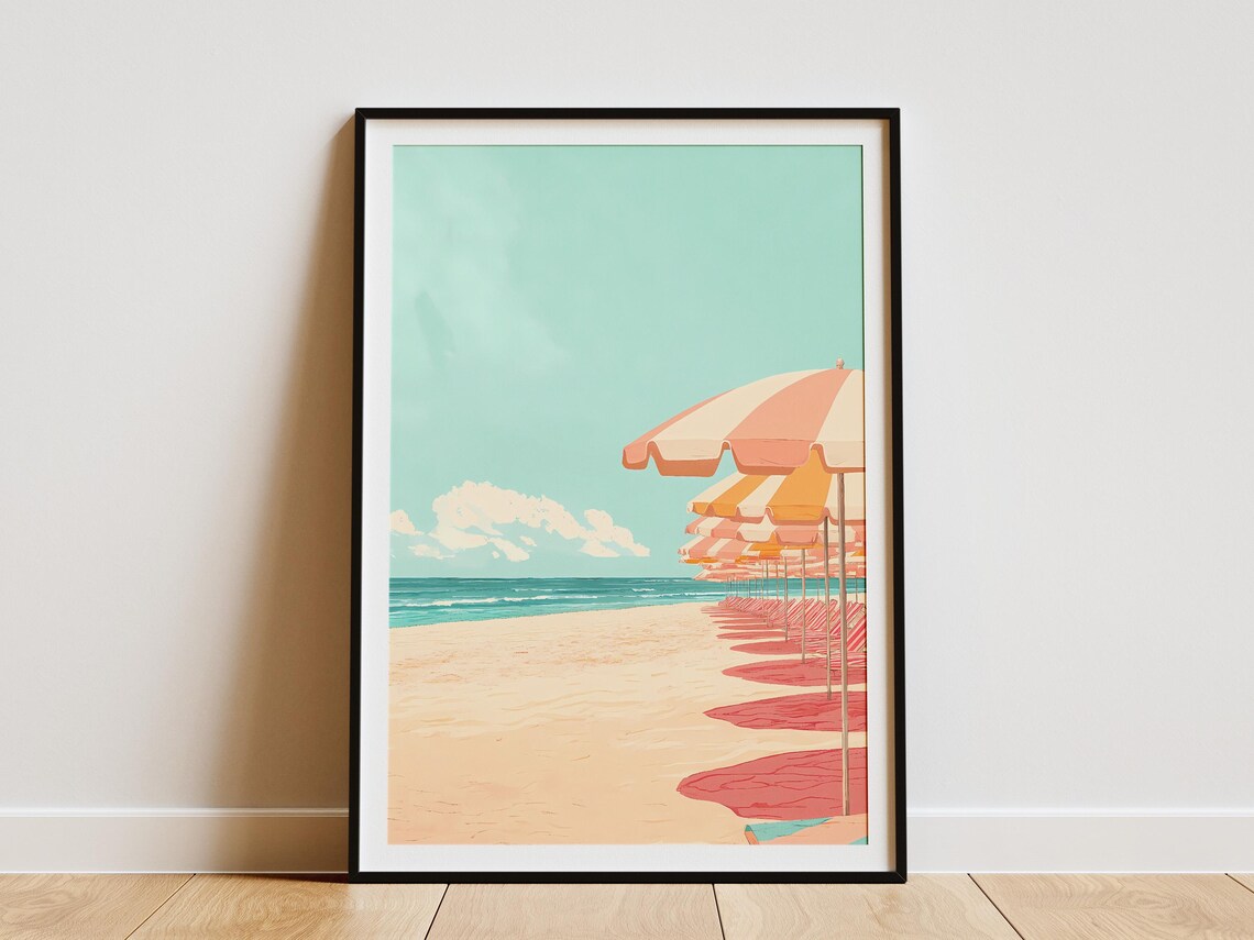 Pink Beach Umbrellas Poster Summer Coastal Art For Beach House Decor