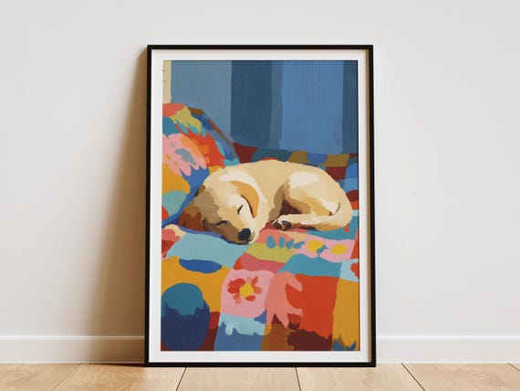 Abstract Matisse Inspired Golden Retriever Puppy Dog Art Print Sleeping Pet Wall Decor Colorful Modern Animal Illustration Cozy Nursery