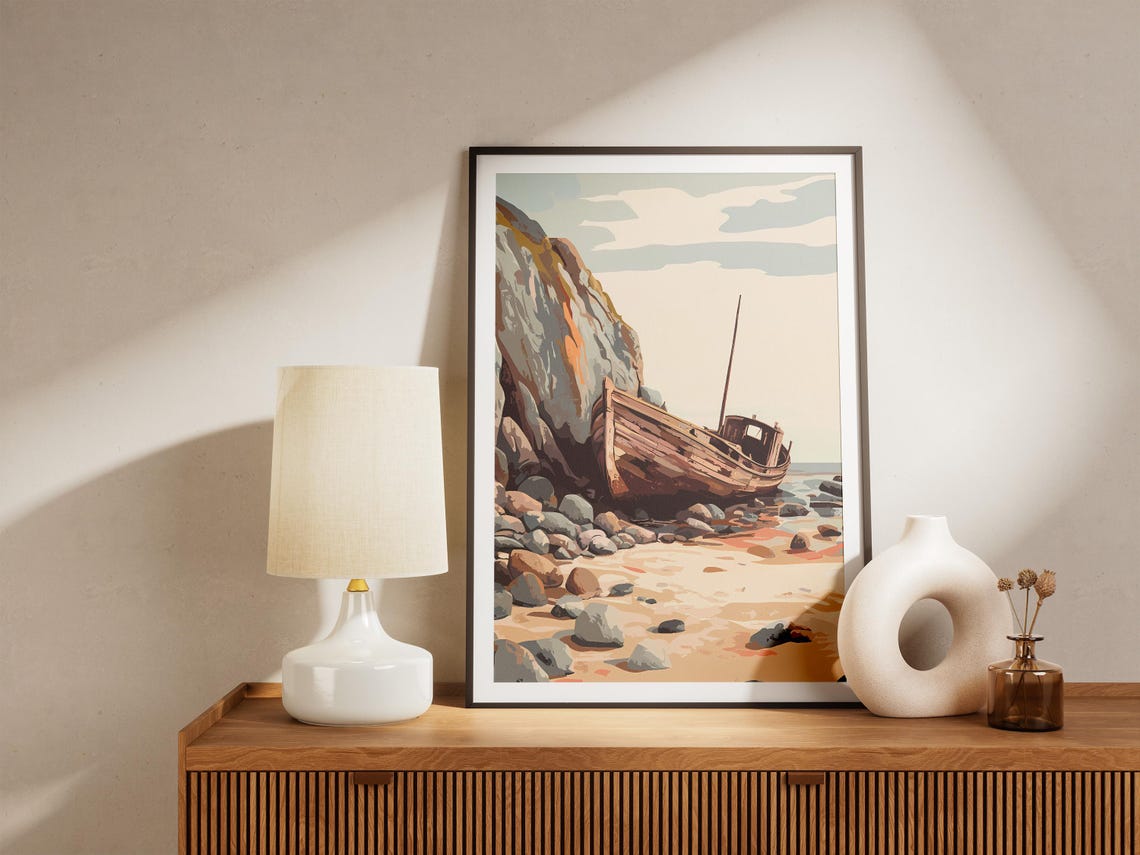 Shipwreck on Rocky Shore Vintage Nautical Coastal Illustration Poster - Image 5