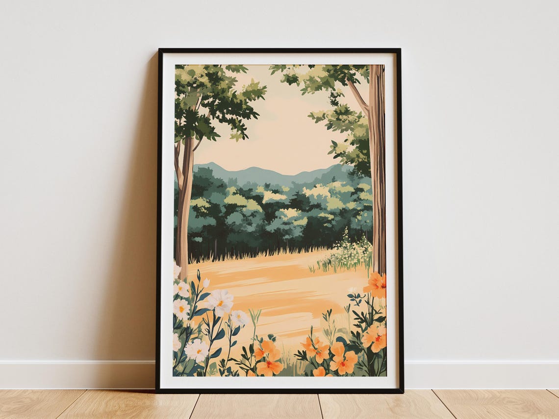 Sunlit Forest Glade With Peach Blossoms Framing Green Hills Poster