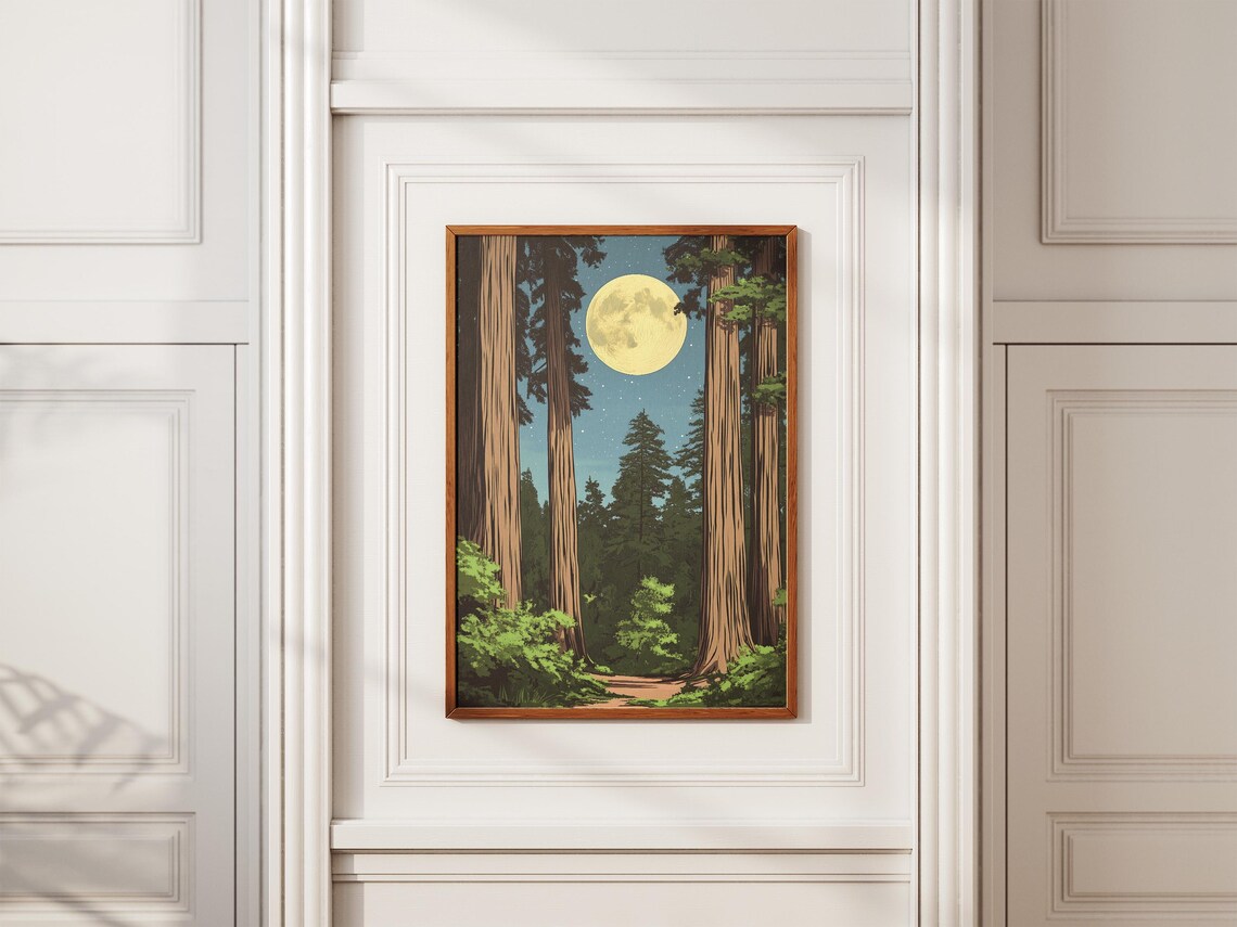 Redwood National Park Giant Trees Moonlight Vintage Travel Decor Poster - Image 2