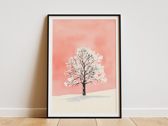 Lone Snowy Tree Under Soft Pink Sky Minimalist Watercolor Poster