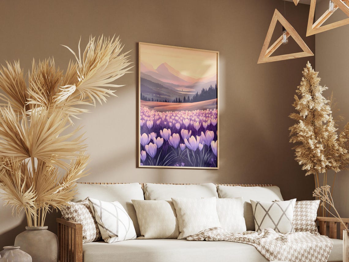 Purple Crocus Field at Sunrise with Misty Mountain Valley Poster - Image 3
