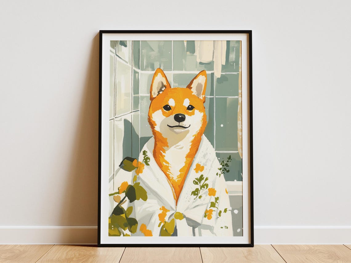 Smiling Shiba Inu Floral Bathrobe Spa Day Dog Artwork Poster