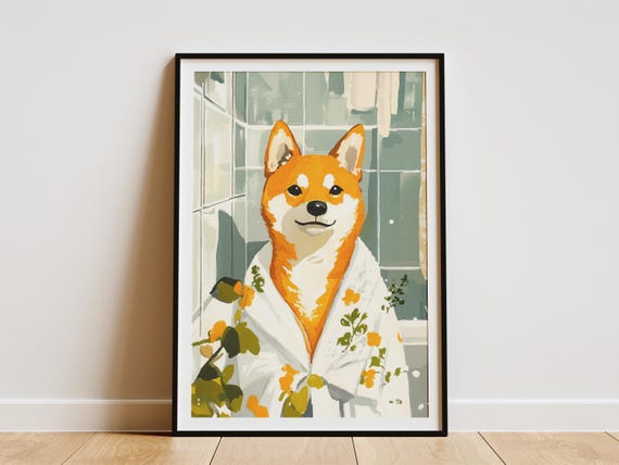 Shiba Inu Bathrobe Poster Bathroom Wall Art Dog Print Animal Lover Gift Funny Japanese Breed Pet Portrait Modern