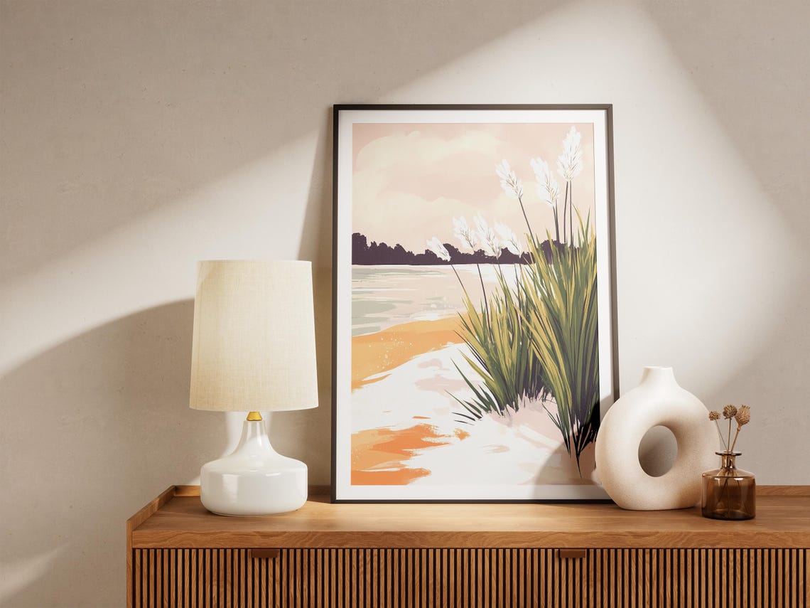 Frosted Reeds by a Calm River at Dawn in Minimalist Style Poster - Image 5