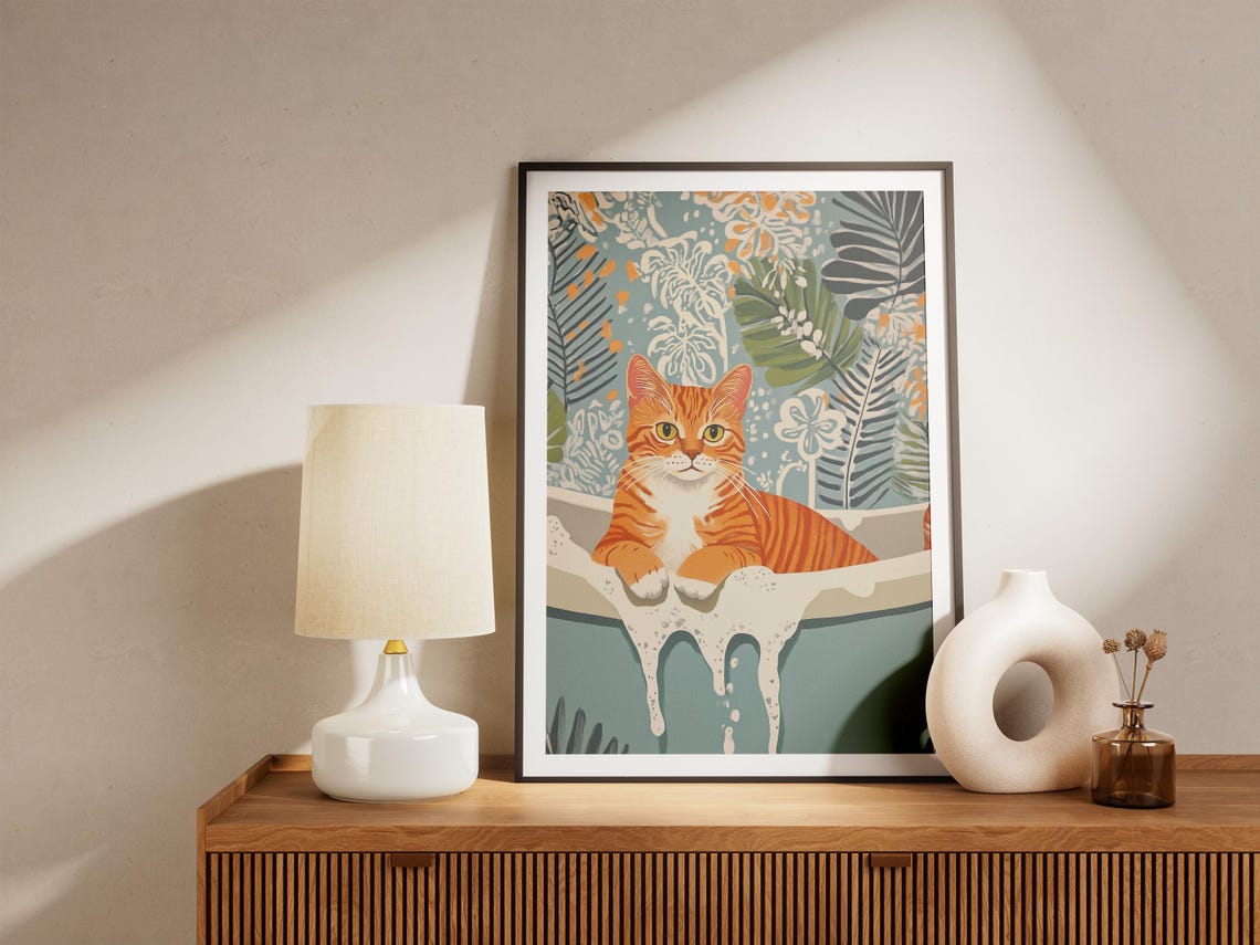Orange Tabby Cat in Foamy Bathtub Tropical Leaves Cute Cat Wall Poster - Image 4