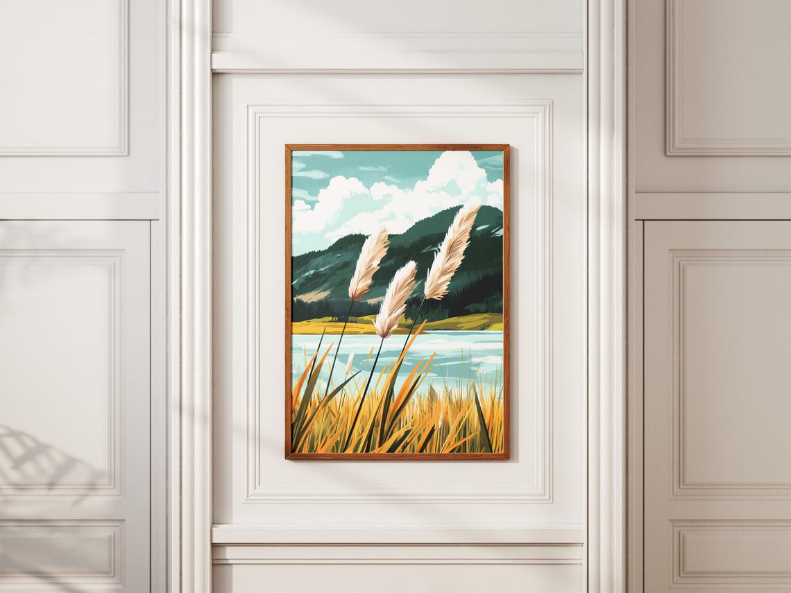 Cream Pampas Grass by a Turquoise Mountain Lake Scene Poster - Image 2