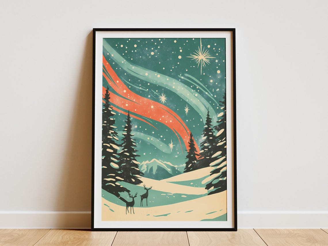 Aurora Borealis Christmas Night Snowy Deer Forest Scene Poster