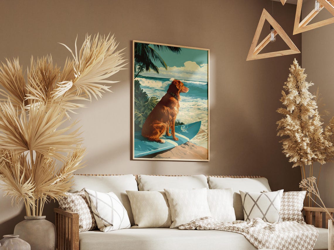 Golden Retriever Blue Surfboard Beach Wave Dog Lover Art Poster - Image 3