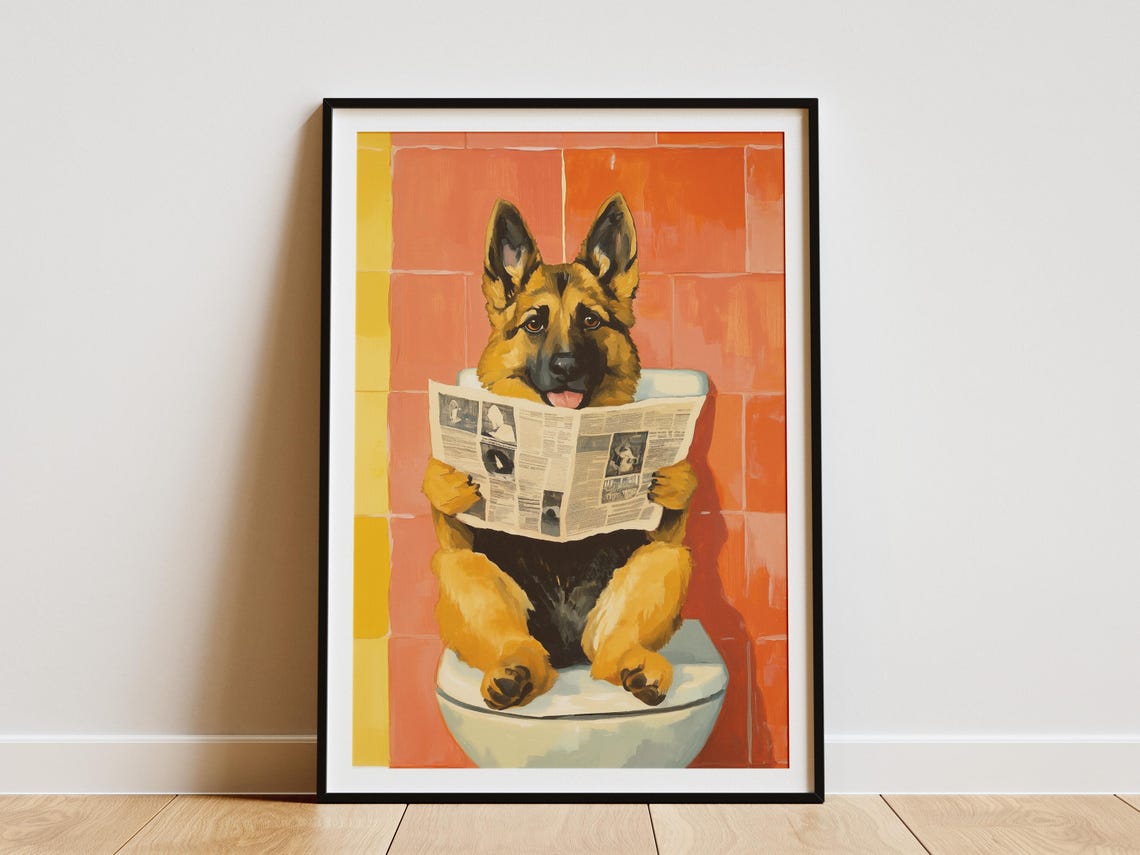 German Shepherd Toilet Newspaper Humorous Dog Bathroom Poster
