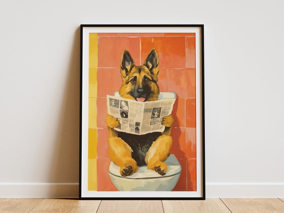 German Shepherd Puppy On Toilet Newspaper Art Print Funny Dog Poster Bathroom Wall Decor Canine Lover Gift Humorous Pet Portrait
