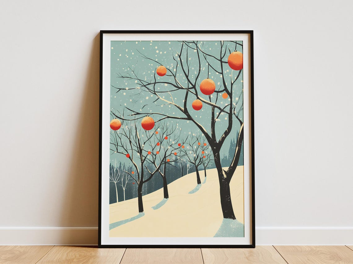 Winter Orchard with Orange Ornaments on Snowy Branches Poster