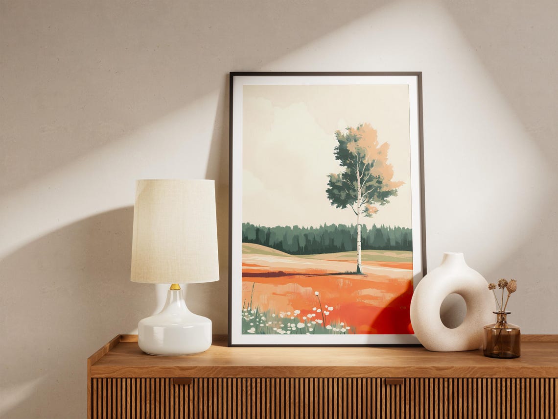 Lone White Birch Tree in an Autumn Orange Field Minimalist Poster - Image 5