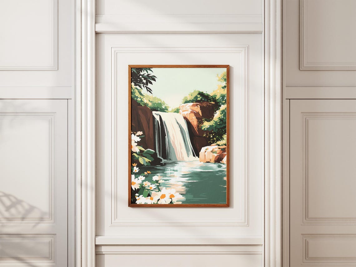 Waterfall Between Red Cliffs with White Daisies and Lagoon Poster - Image 2