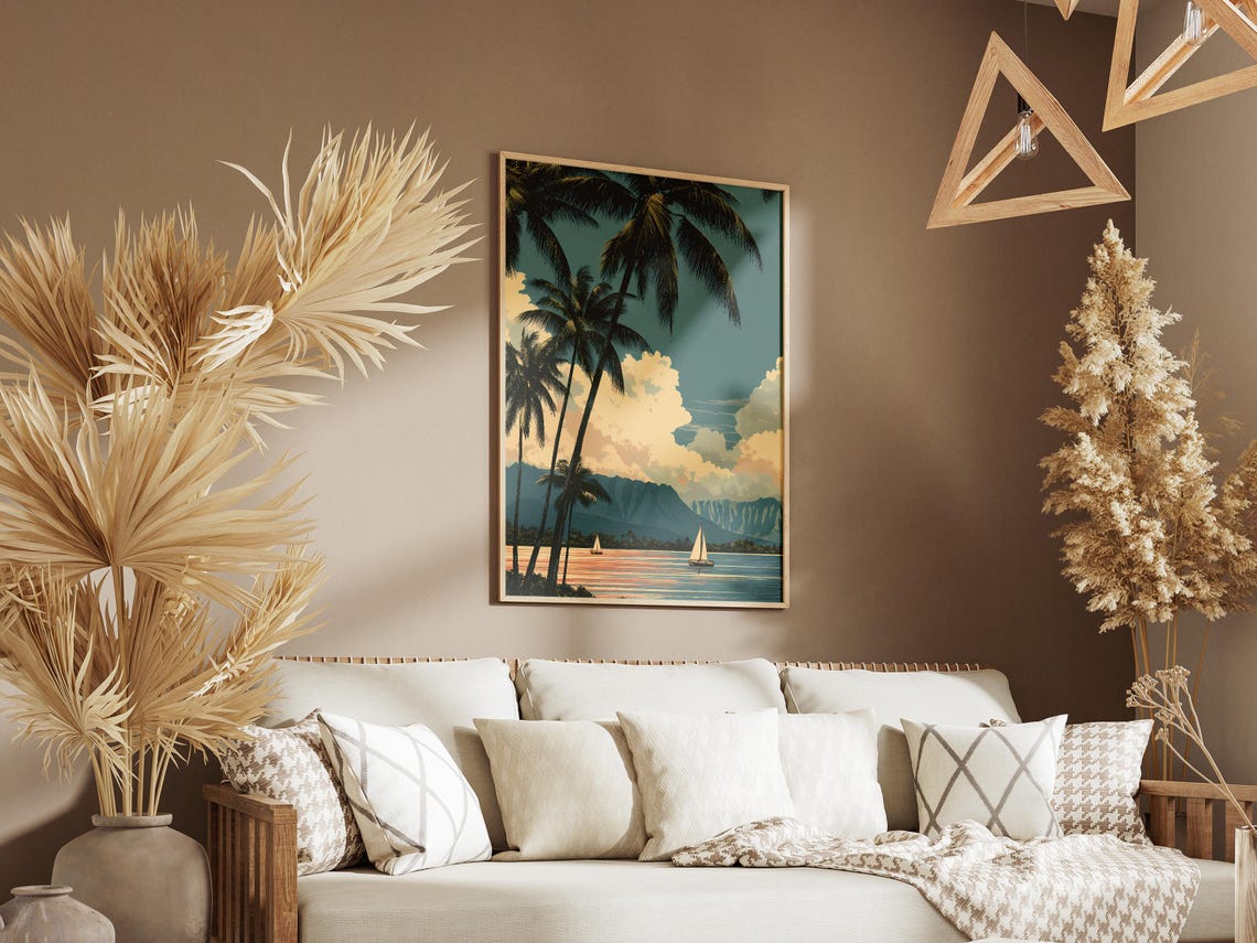 Hawaiian Beach Sunset Palm Trees Sailboats And Mountain Coast Poster - Image 3