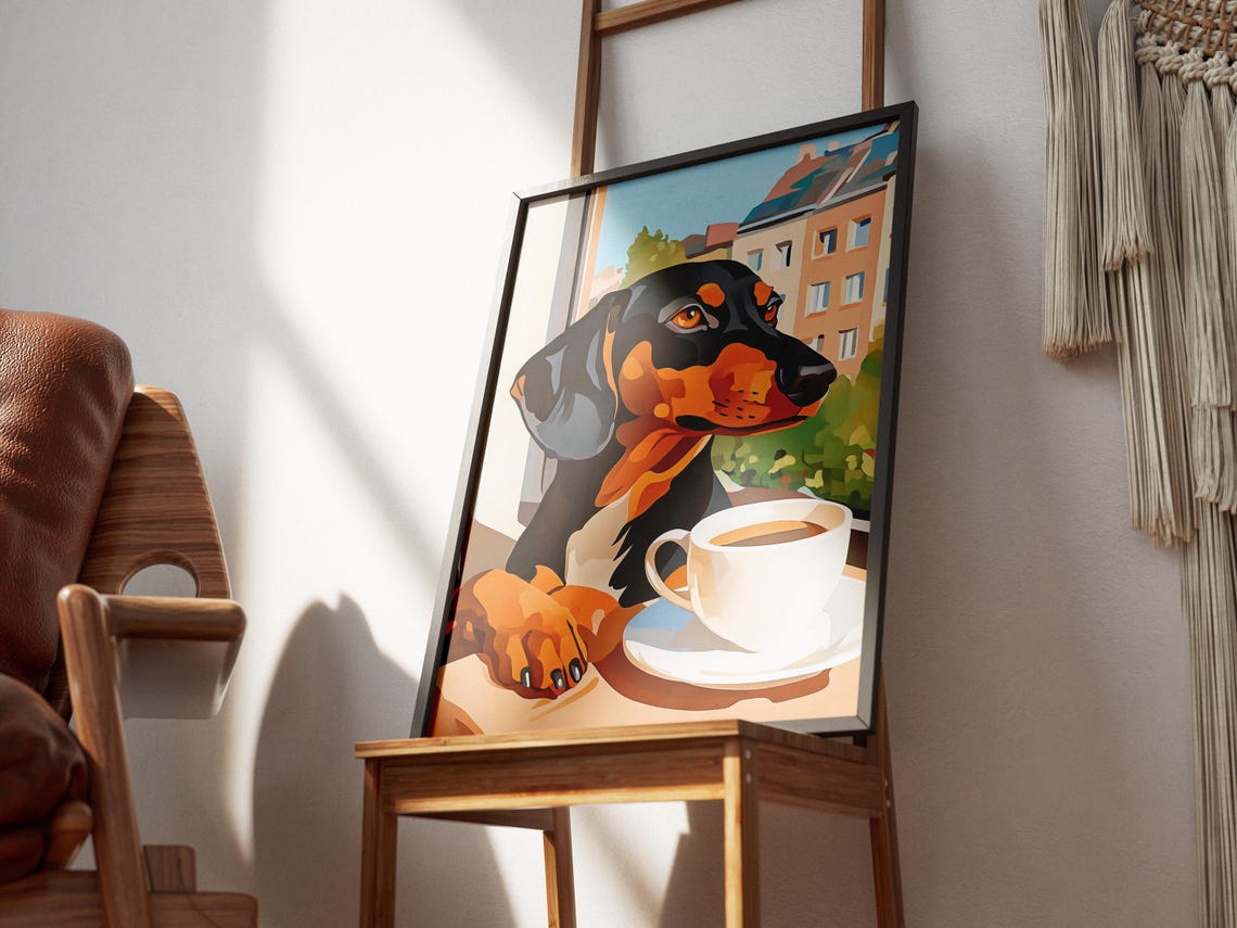Black and Tan Dachshund with Coffee at a Sunny City Window Poster - Image 3