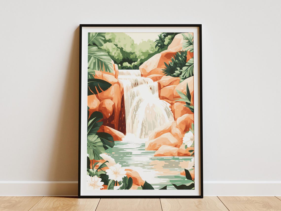 Tropical Waterfall With Peach Rocks Lush Jungle Nature Poster