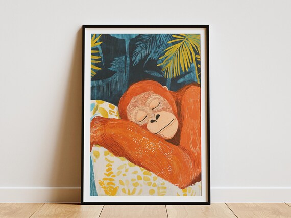 Sleeping Orangutan in Teal Jungle Matisse Style Wildlife Poster