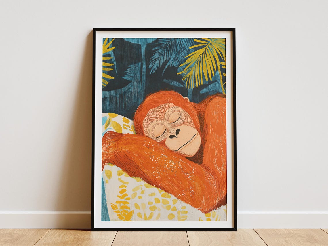 Sleeping Orangutan in Teal Jungle Matisse Style Wildlife Poster