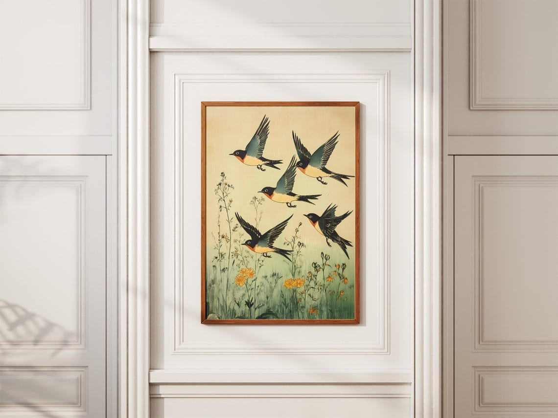 Five Barn Swallows Flying Over Wildflower Meadow Vintage Poster - Image 2