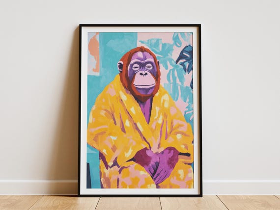 Orangutan In Bathrobe Painting Bathroom Poster Print Modern Animal Art Funky Monkey Cute Ape Primate Decor Wall Home