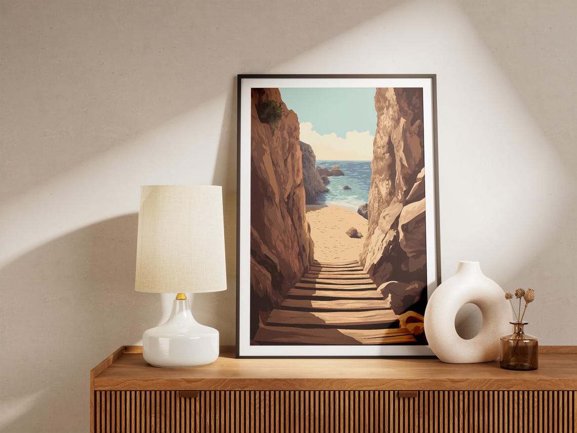 Wooden Staircase Through Red Cliffs to a Hidden Ocean Beach Poster - Image 5