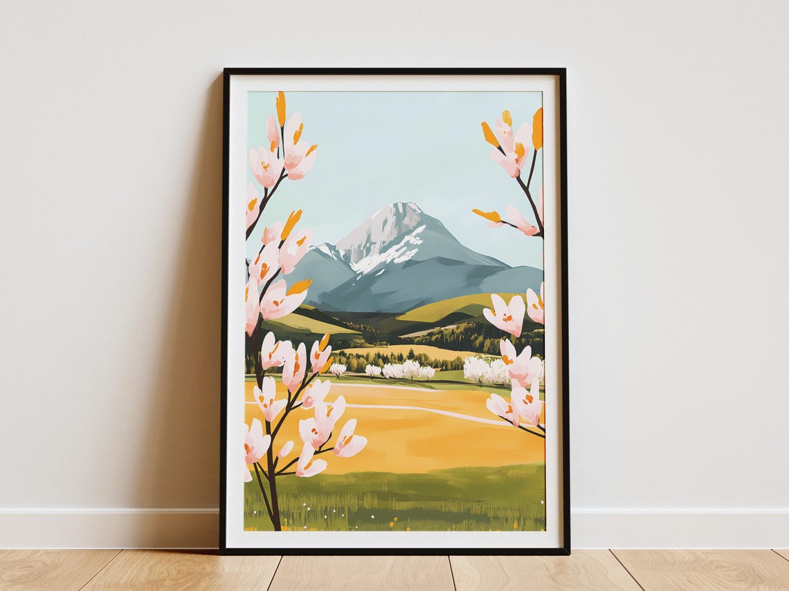 Snowy Mountain Peak With Pink Spring Blossoms Landscape Poster