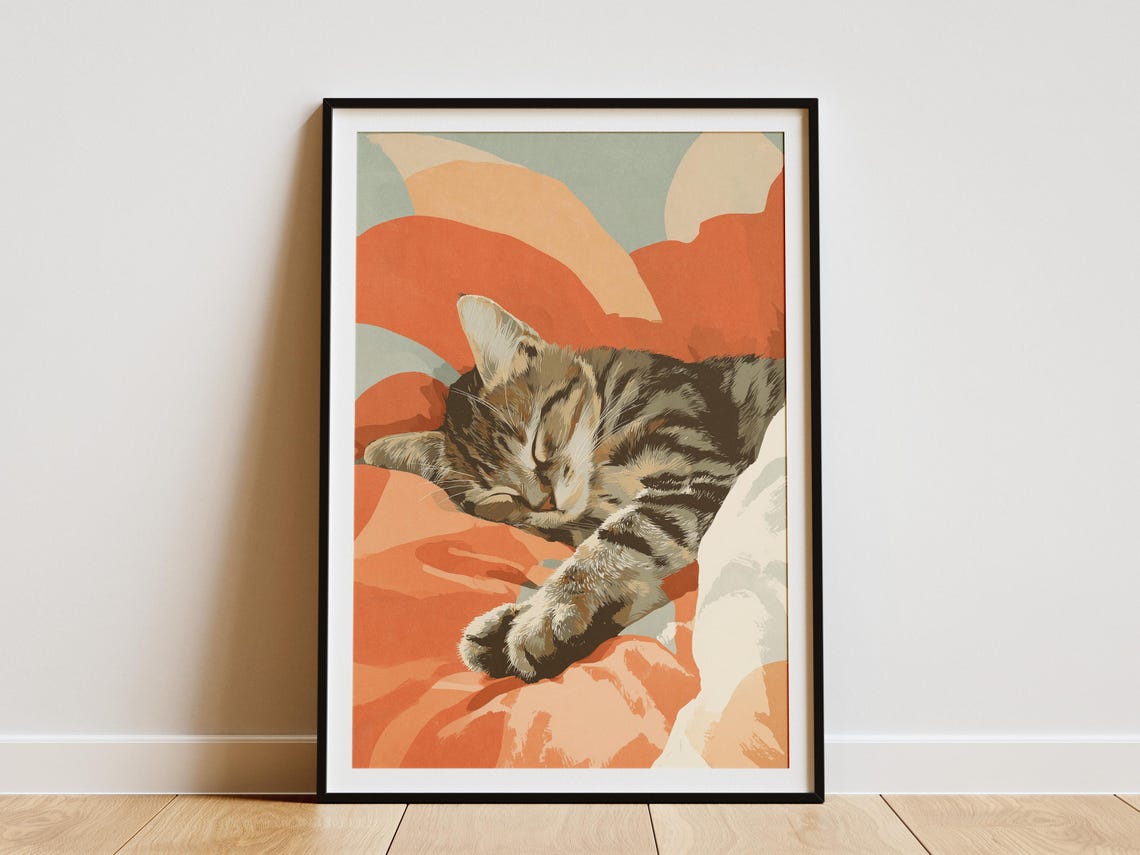 Sleeping Maine Coon Kitten On Warm Terracotta Abstract Art Poster