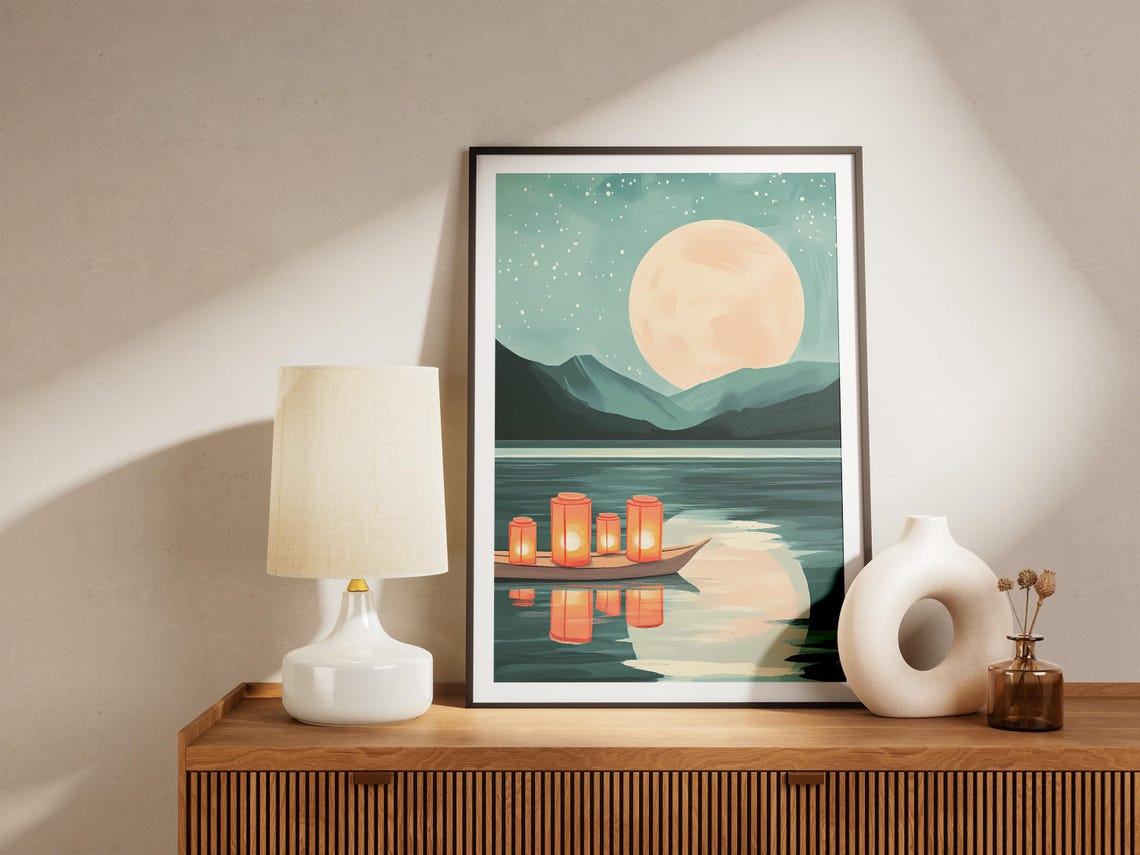 Full Moon Night With Glowing Lanterns on a River Boat Poster - Image 5