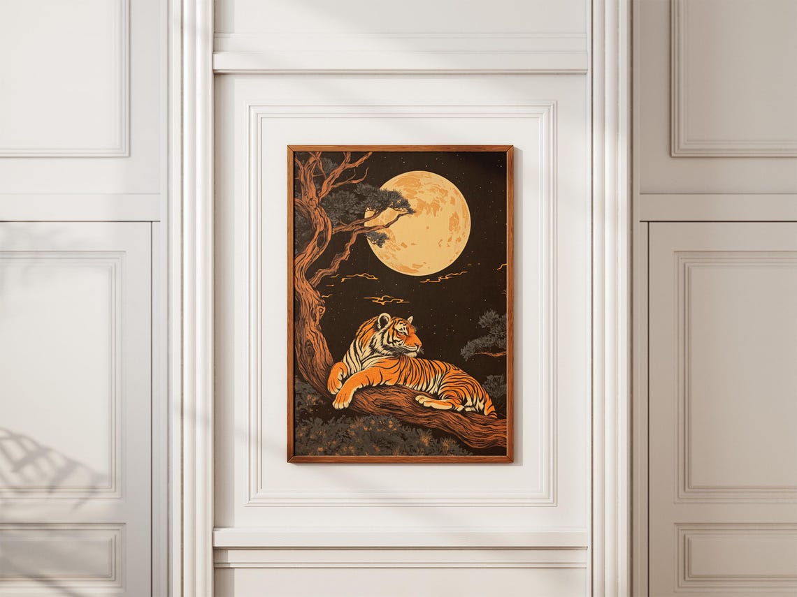 Tiger Resting on Branch Under Full Moon Traditional Chinese Art Poster - Image 2