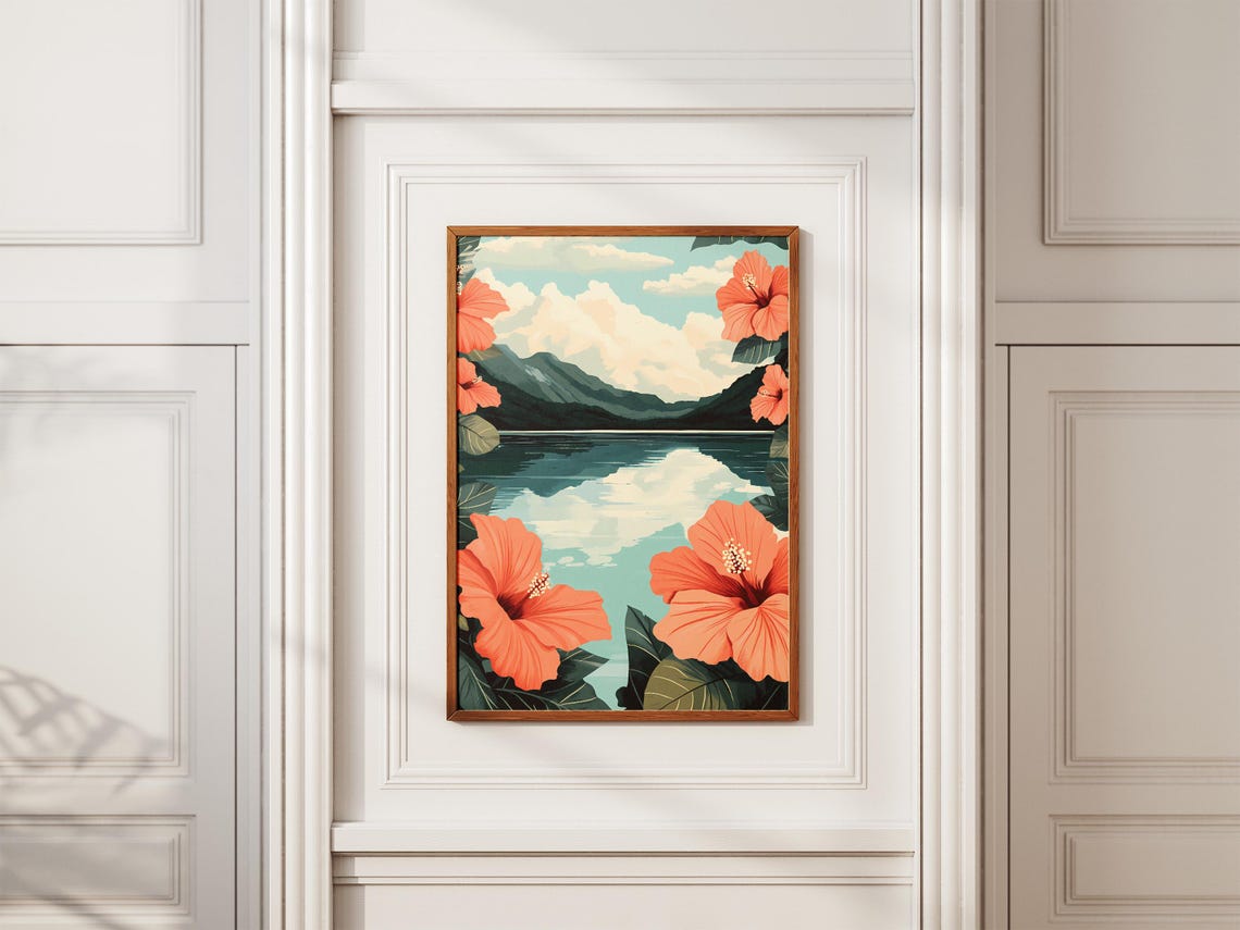 Coral Hibiscus Lake Mountain Landscape Tropical Scenic Poster - Image 2