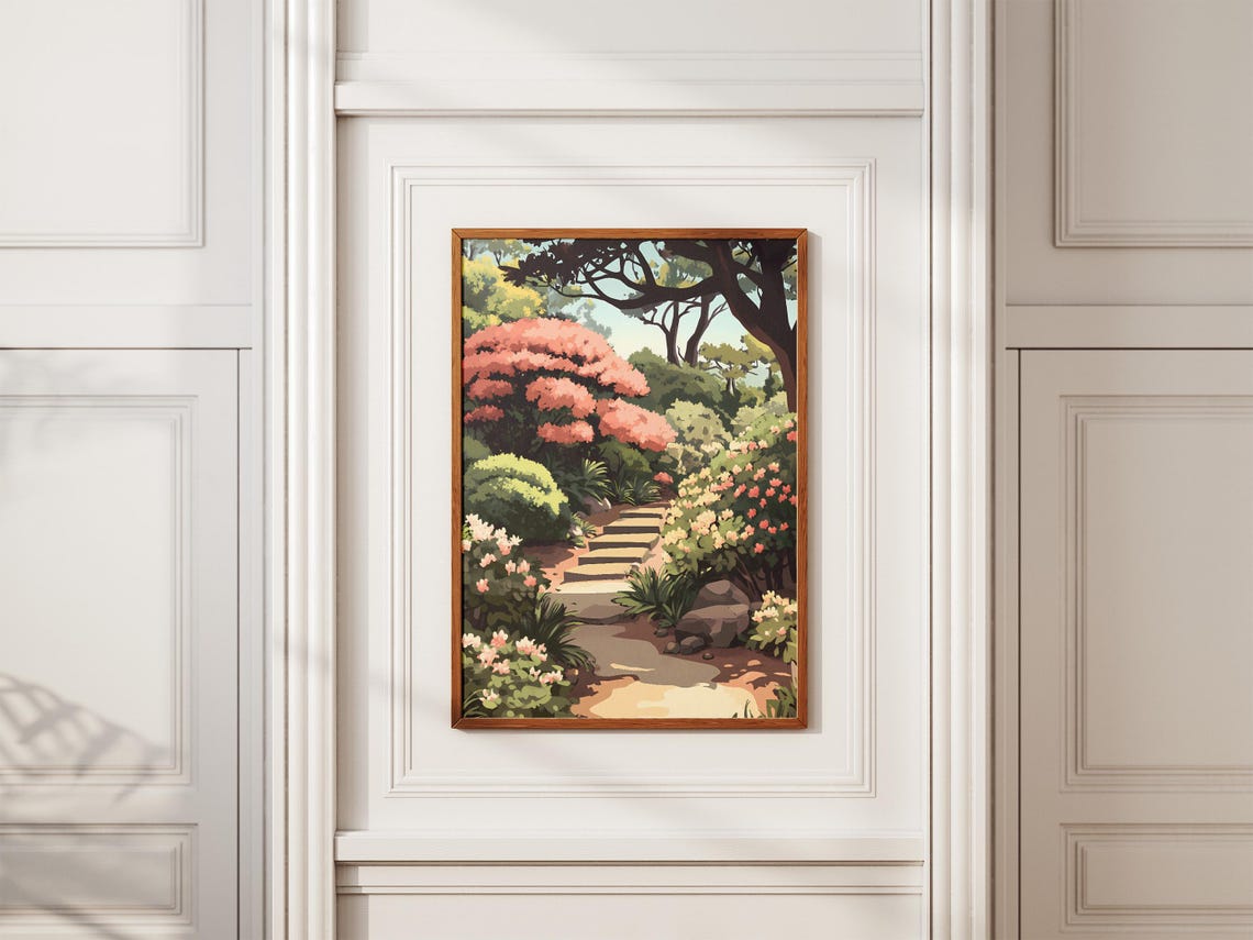 Pink Blossom Garden Path With Stone Steps Under Tall Trees Poster - Image 2