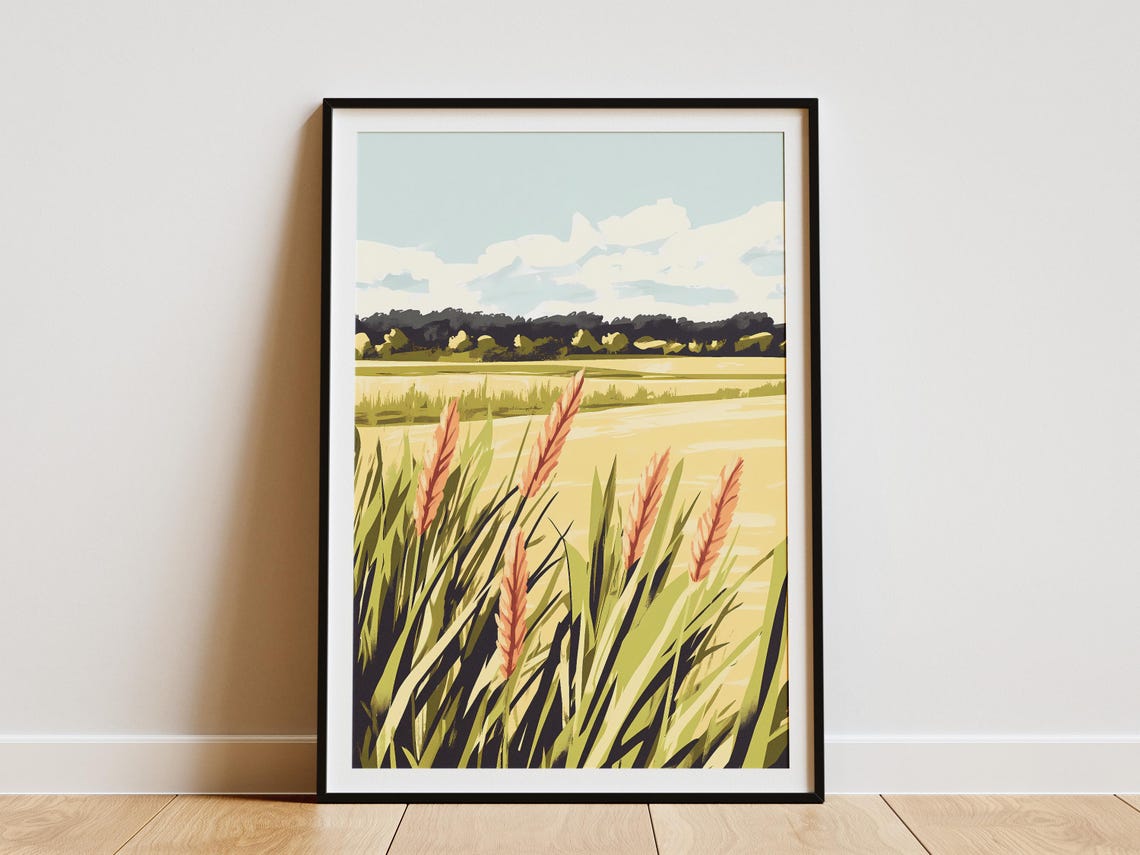 Golden Marsh with Tall Reeds and a Distant Dark Tree Line Poster