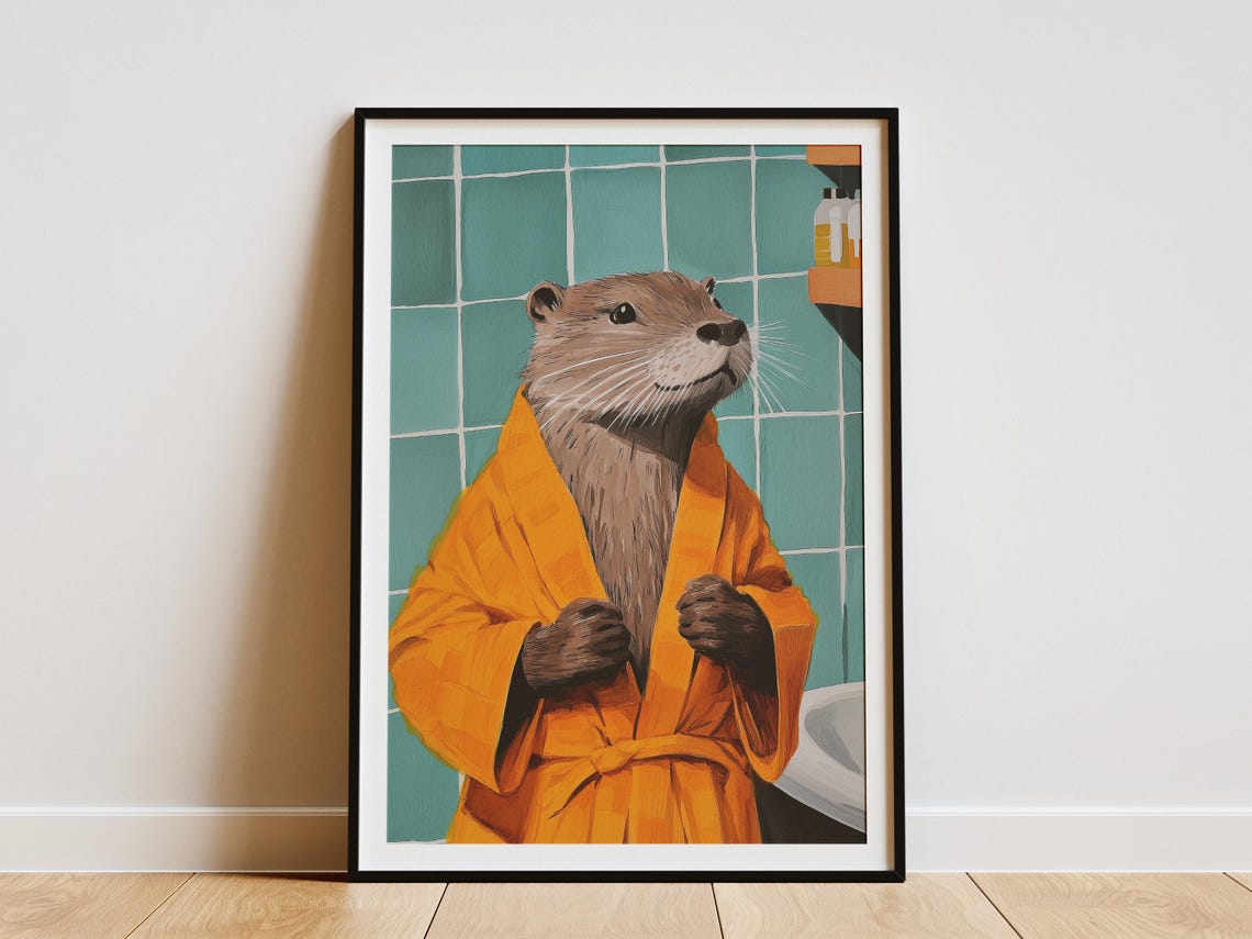 Cozy Otter In Orange Bathrobe Vintage Teal Bathroom Fun Poster