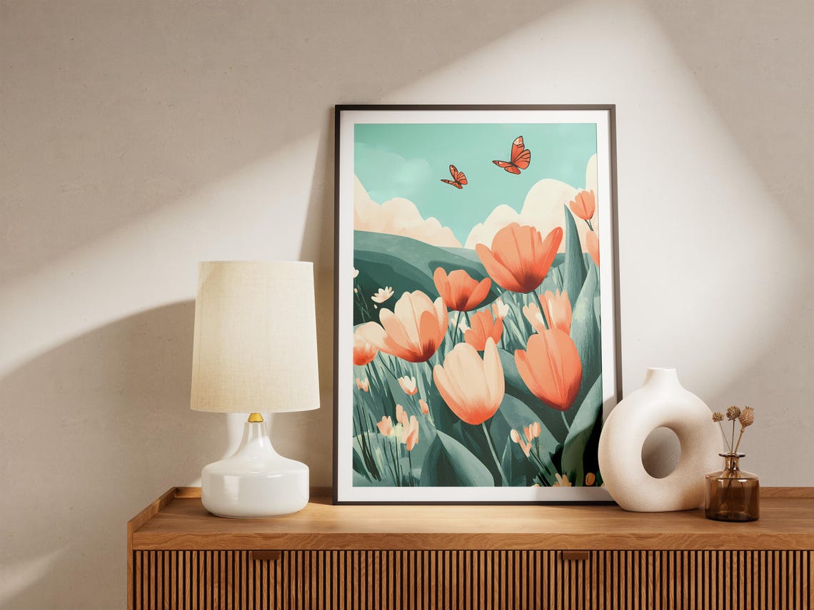 Cheerful Orange Tulips With Butterflies Teal Sky Landscape Poster - Image 5