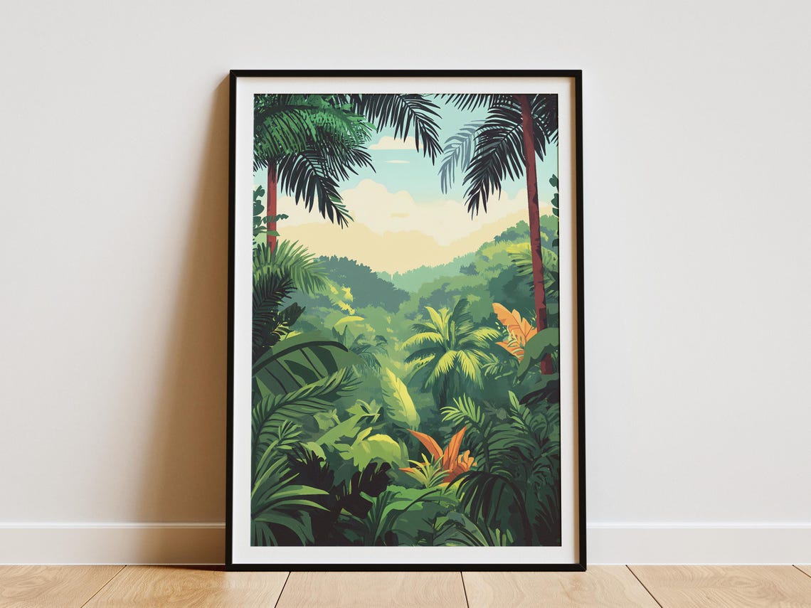 Lush Tropical Rainforest with Palm Trees Illustration Art Poster