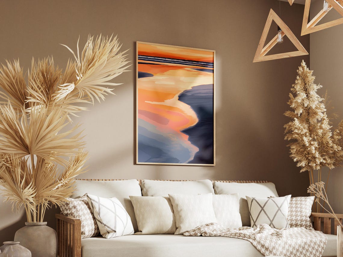 Abstract Orange and Blue Sunset Reflections on Calm Water Poster - Image 3