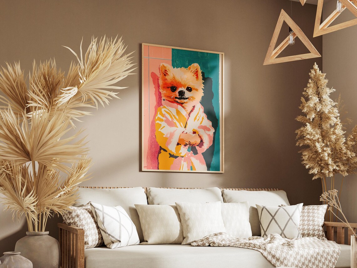 Cute Pomeranian Puppy in Pastel Bathrobe Playful Dog Art Poster - Image 3